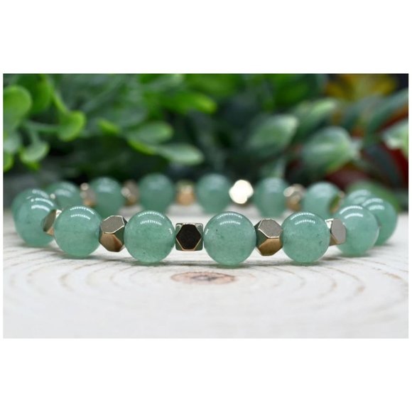 10mm Polished Green Jade with Gold Hematite Spacer Beaded Stretch Bracelet - Picture 3 of 7